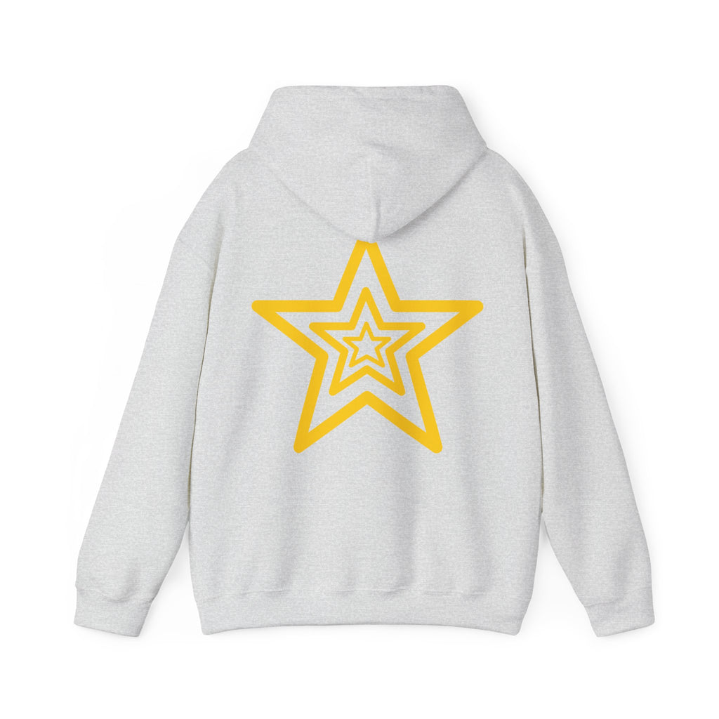 Amber Kiss Star Hoodie — White Script Front & Yellow Star Back Hooded Sweatshirt
