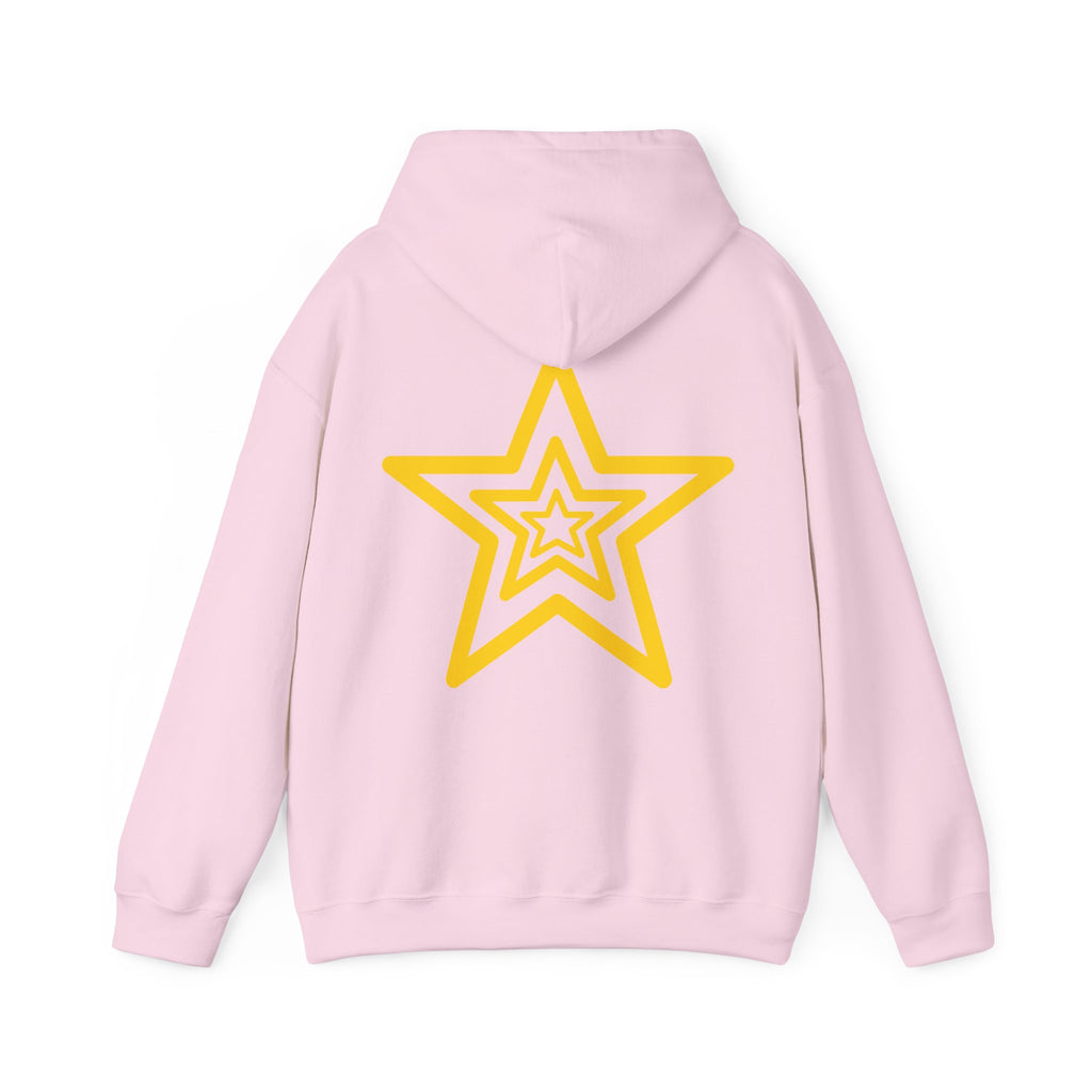 Amber Kiss Star Hoodie — White Script Front & Yellow Star Back Hooded Sweatshirt