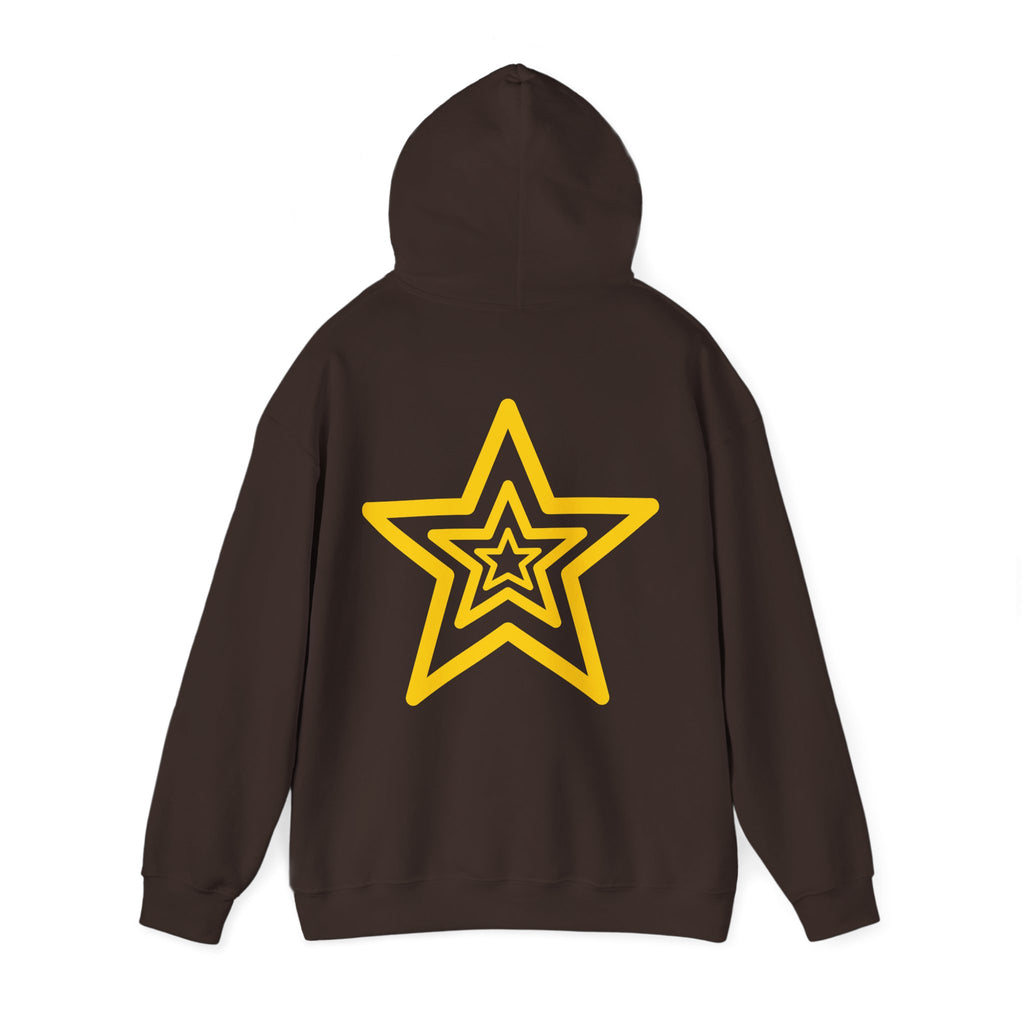 Amber Kiss Star Hoodie — White Script Front & Yellow Star Back Hooded Sweatshirt