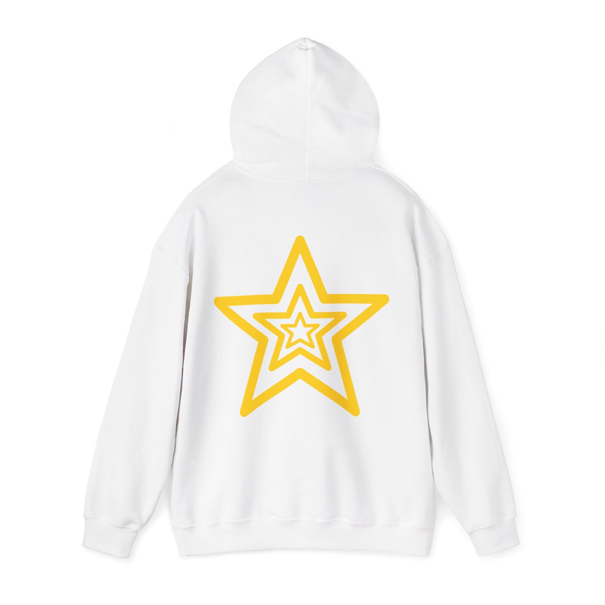 Amber Kiss Star Hoodie — White Script Front & Yellow Star Back Hooded Sweatshirt