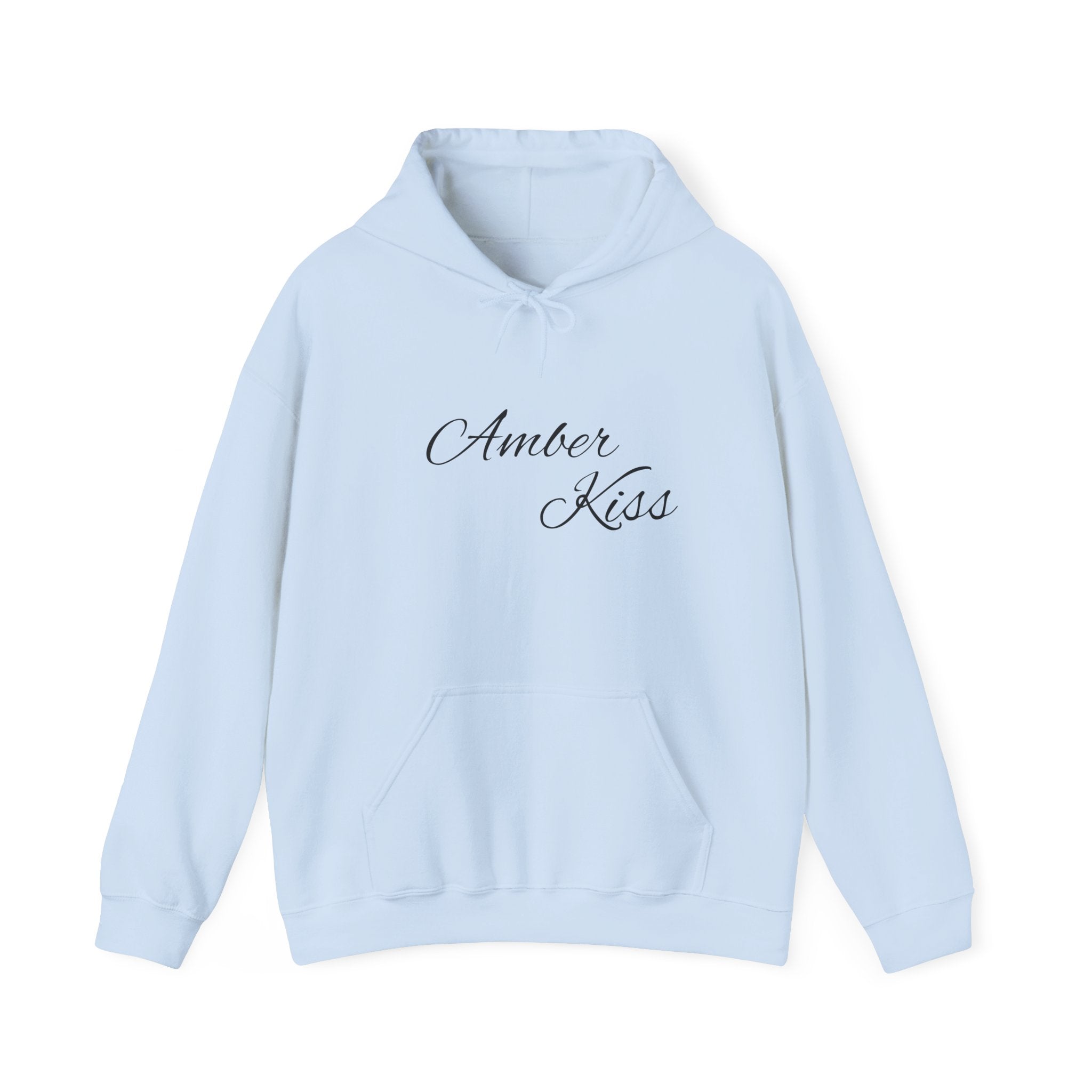 Amber Kiss Star Hoodie — White Script Front & Yellow Star Back Hooded Sweatshirt
