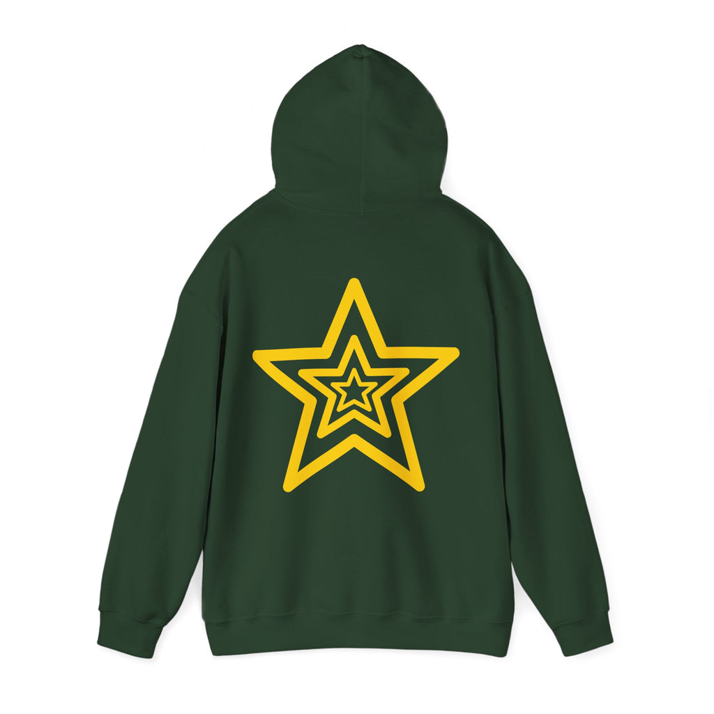 Amber Kiss Star Hoodie — White Script Front & Yellow Star Back Hooded Sweatshirt