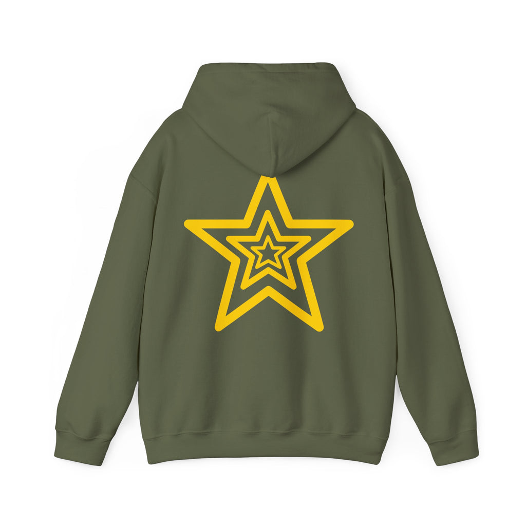 Amber Kiss Star Hoodie — White Script Front & Yellow Star Back Hooded Sweatshirt