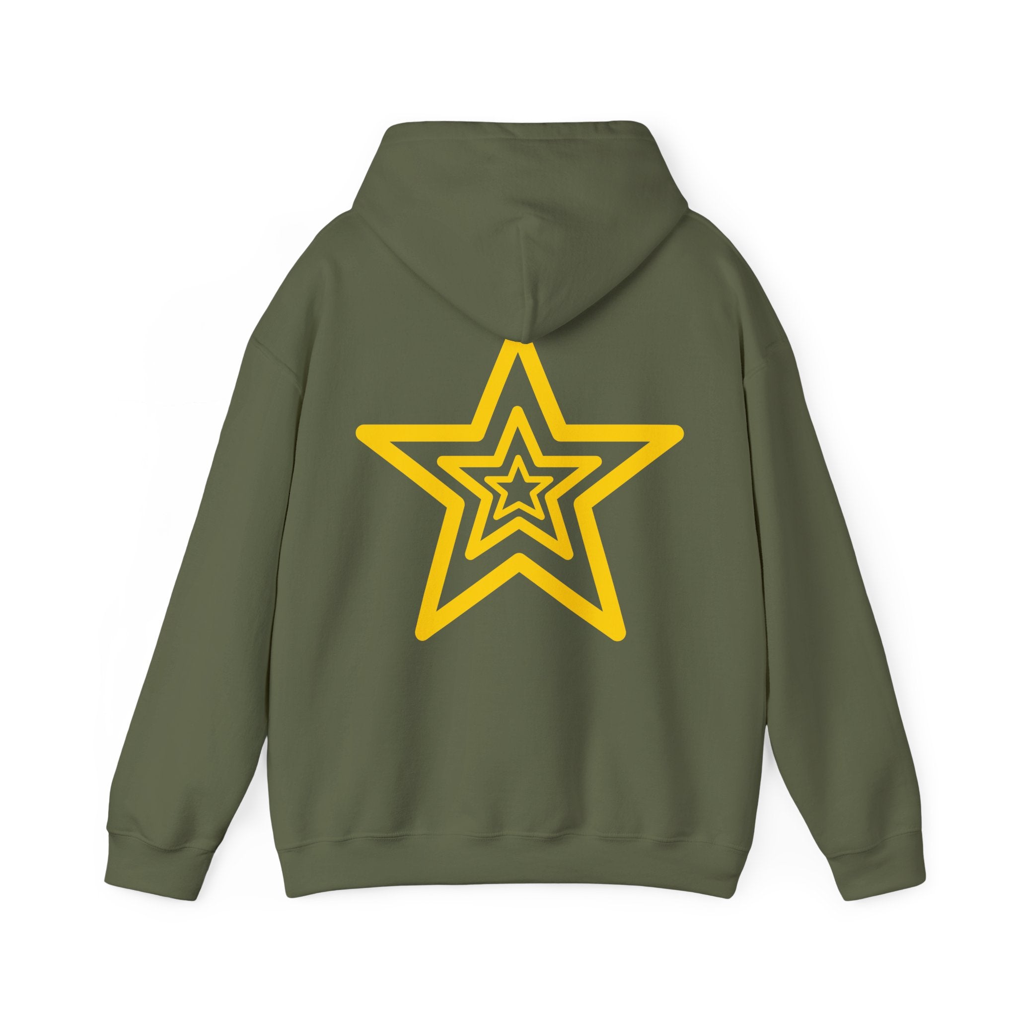 Amber Kiss Star Hoodie — White Script Front & Yellow Star Back Hooded Sweatshirt