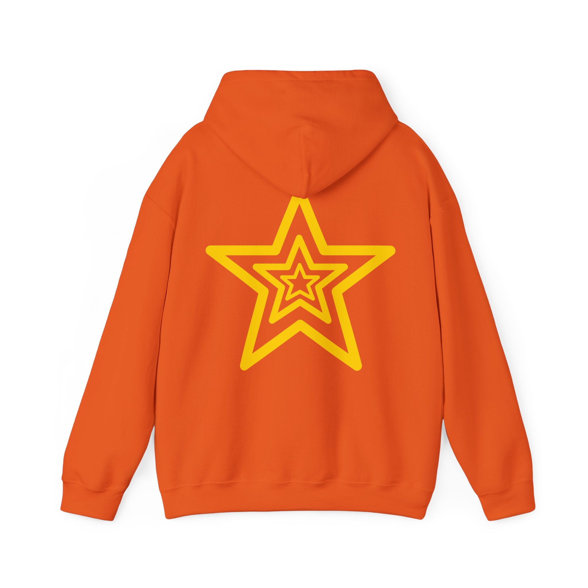 Amber Kiss Star Hoodie — White Script Front & Yellow Star Back Hooded Sweatshirt