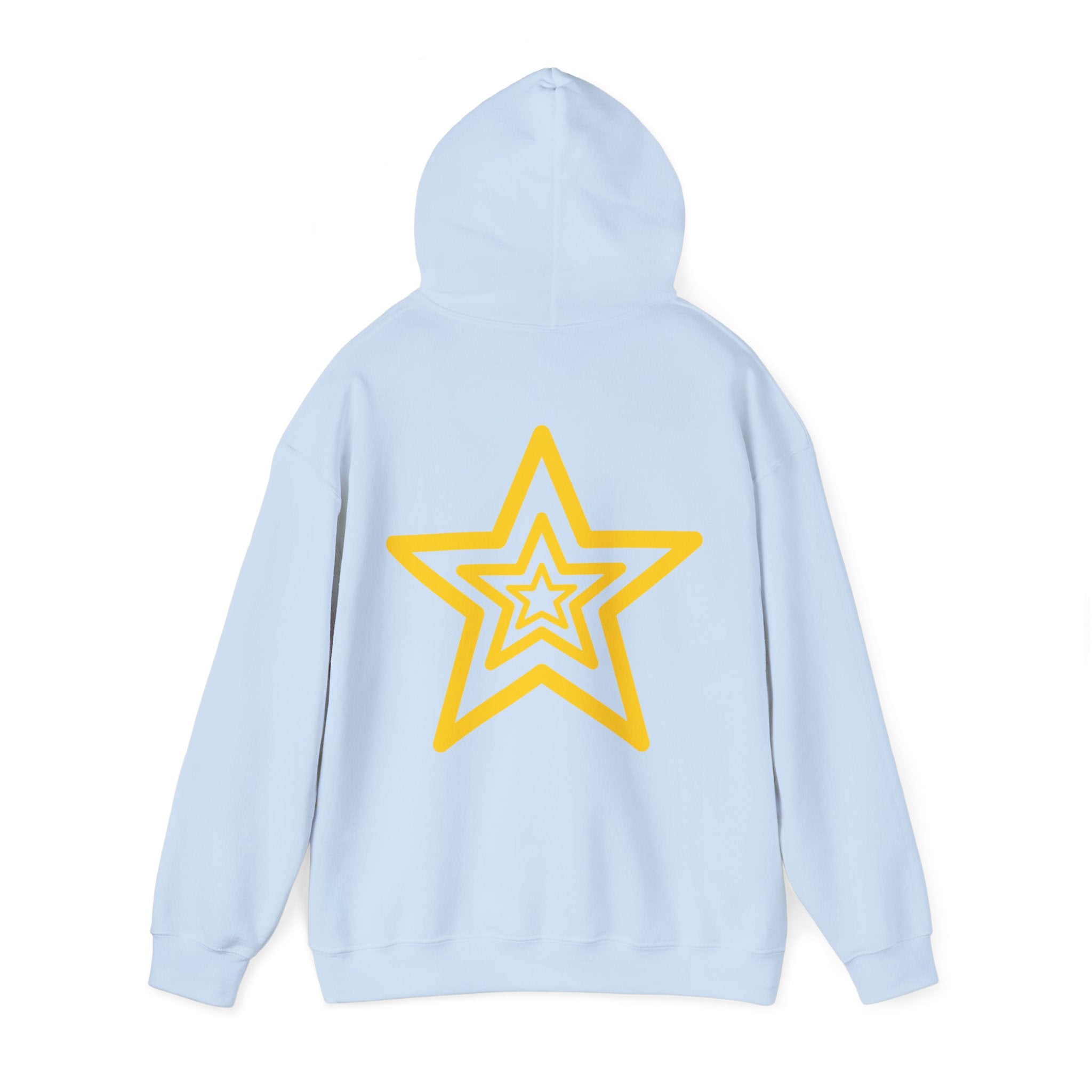 Amber Kiss Star Hoodie — White Script Front & Yellow Star Back Hooded Sweatshirt