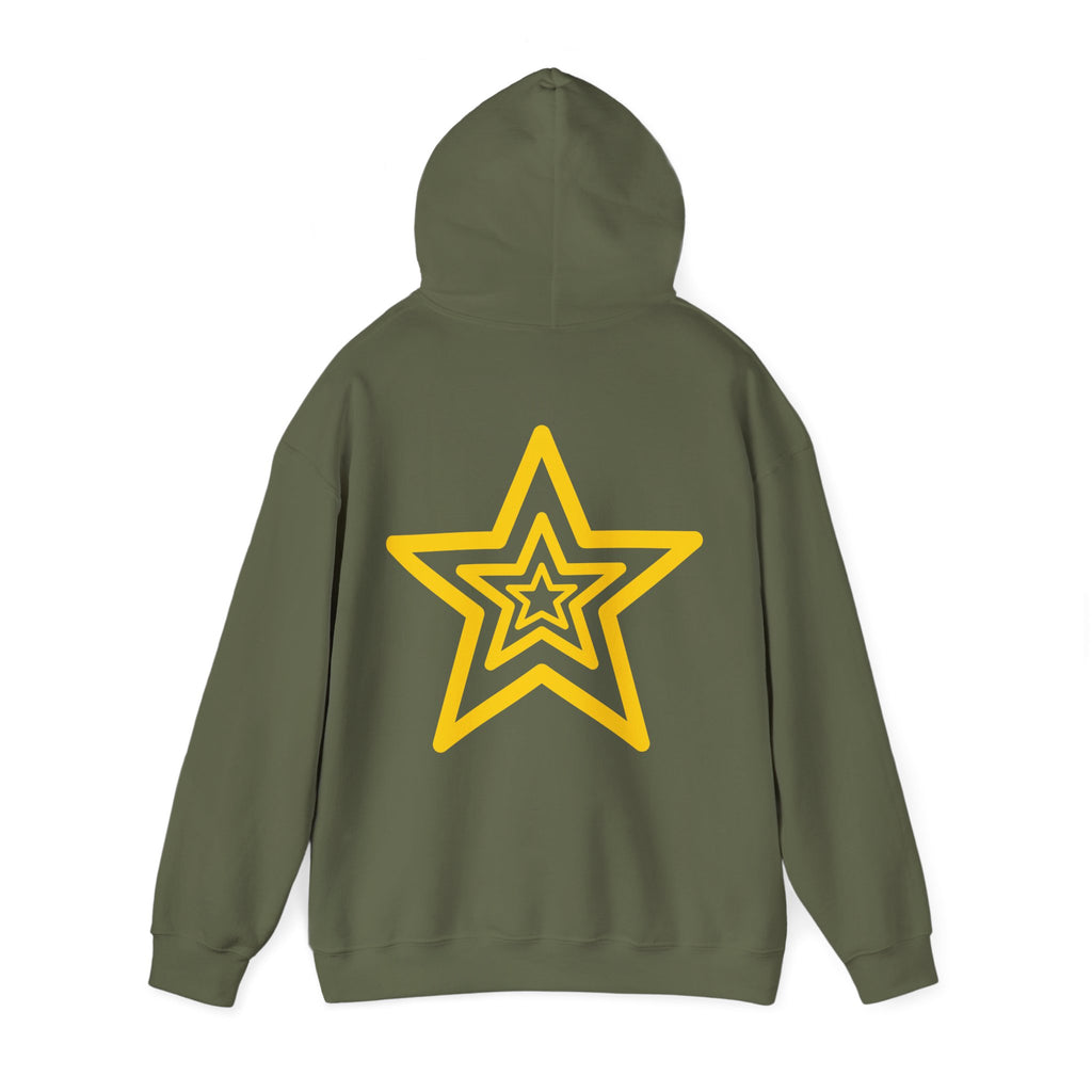 Amber Kiss Star Hoodie — White Script Front & Yellow Star Back Hooded Sweatshirt