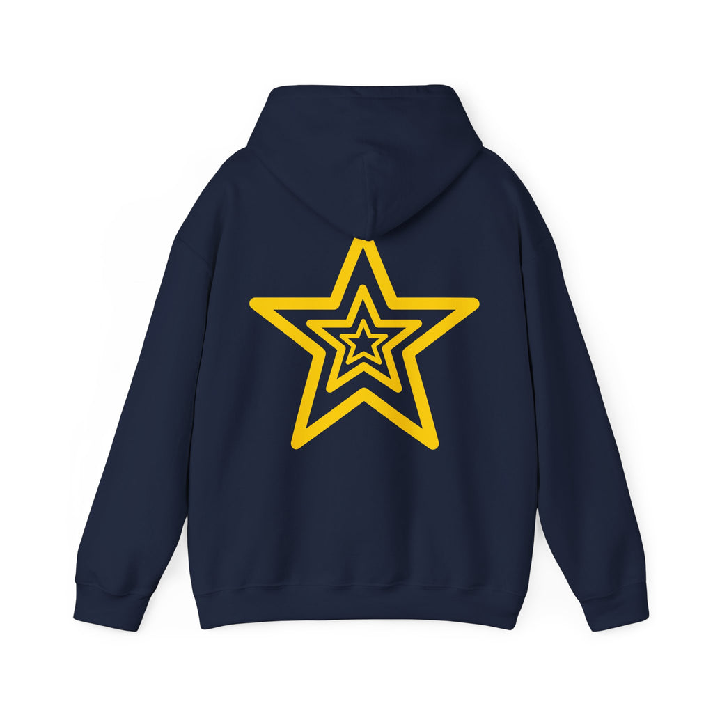 Amber Kiss Star Hoodie — White Script Front & Yellow Star Back Hooded Sweatshirt