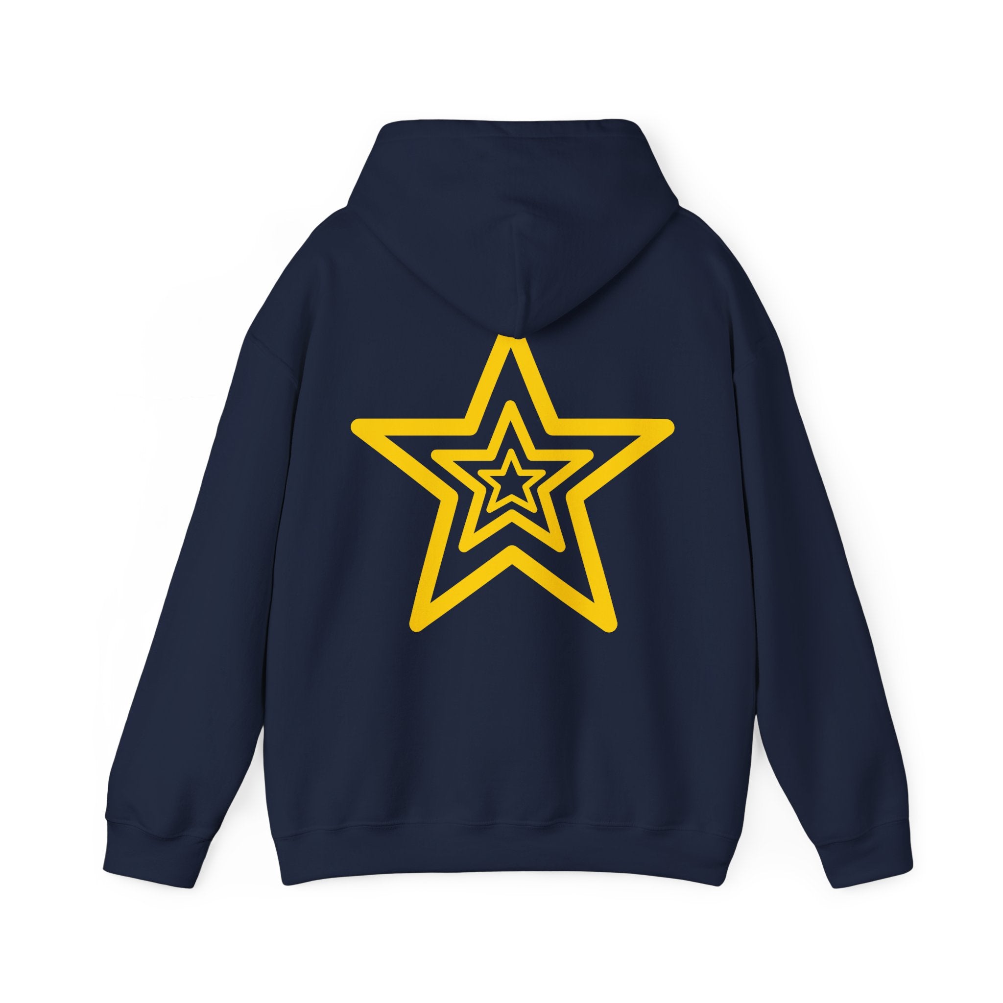 Amber Kiss Star Hoodie — White Script Front & Yellow Star Back Hooded Sweatshirt