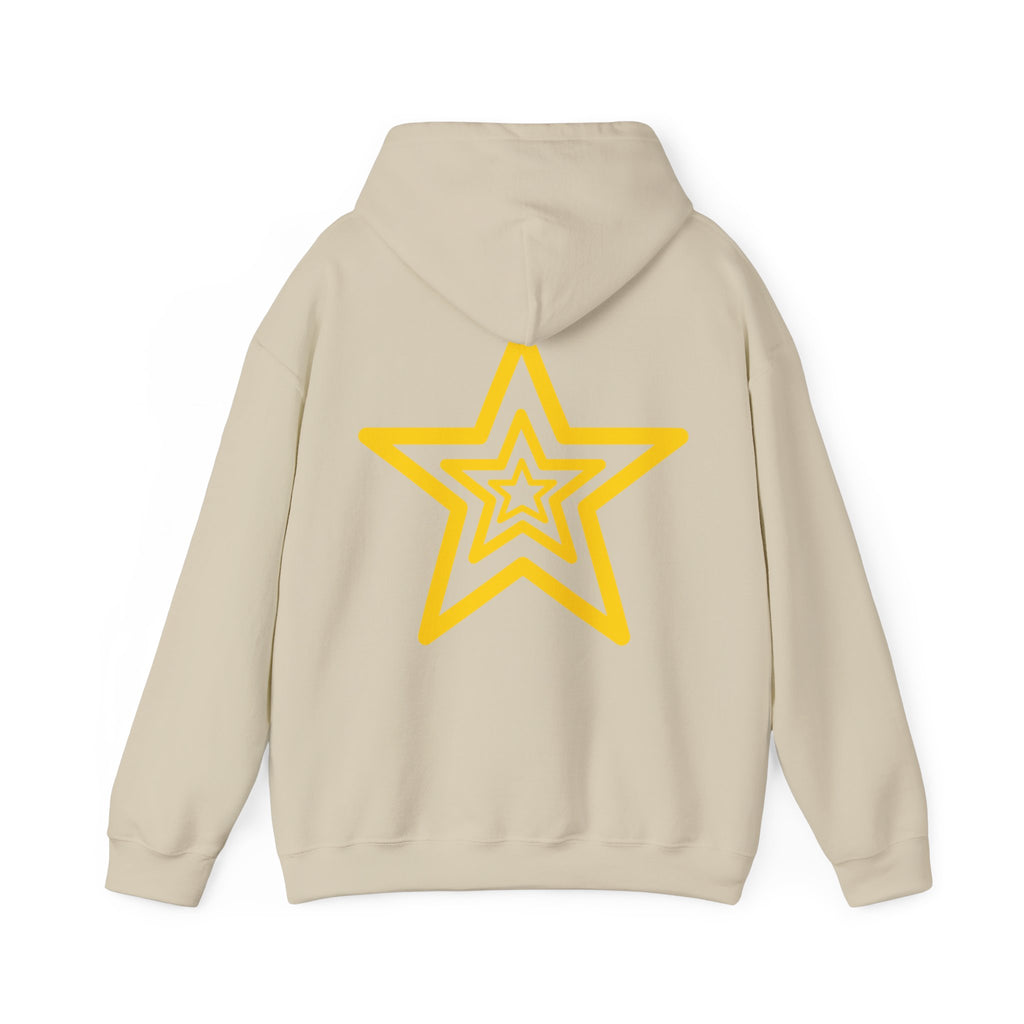 Amber Kiss Star Hoodie — White Script Front & Yellow Star Back Hooded Sweatshirt