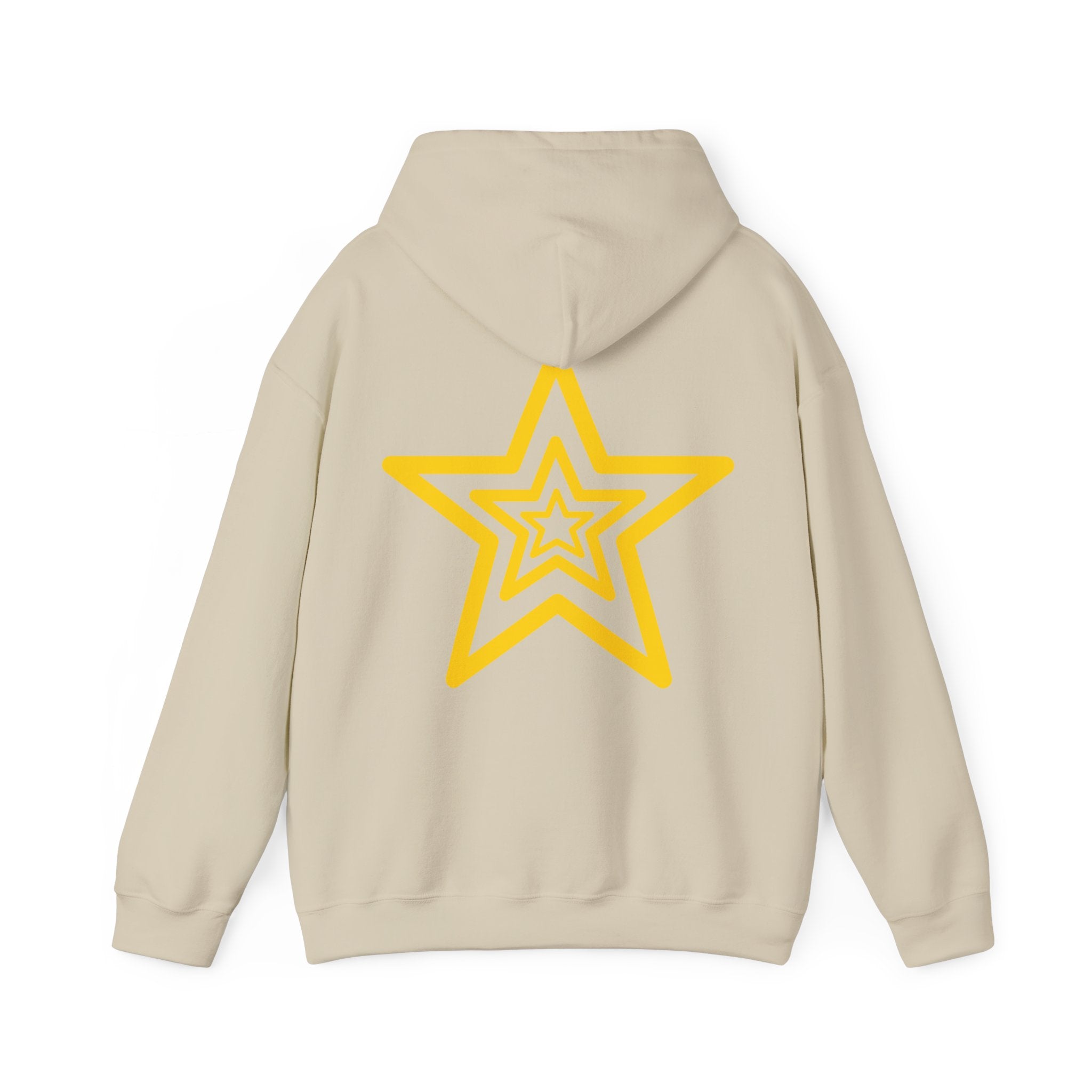 Amber Kiss Star Hoodie — White Script Front & Yellow Star Back Hooded Sweatshirt