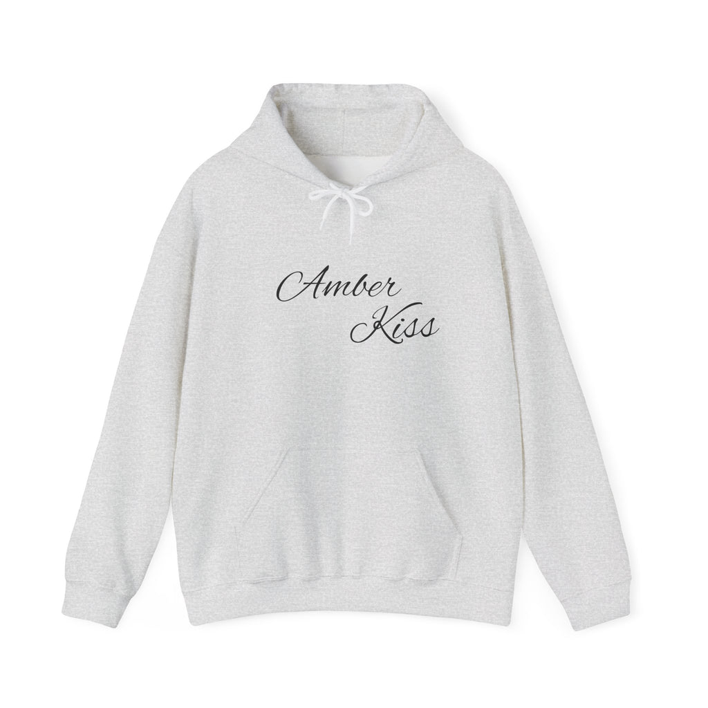 Amber Kiss Star Hoodie — White Script Front & Yellow Star Back Hooded Sweatshirt