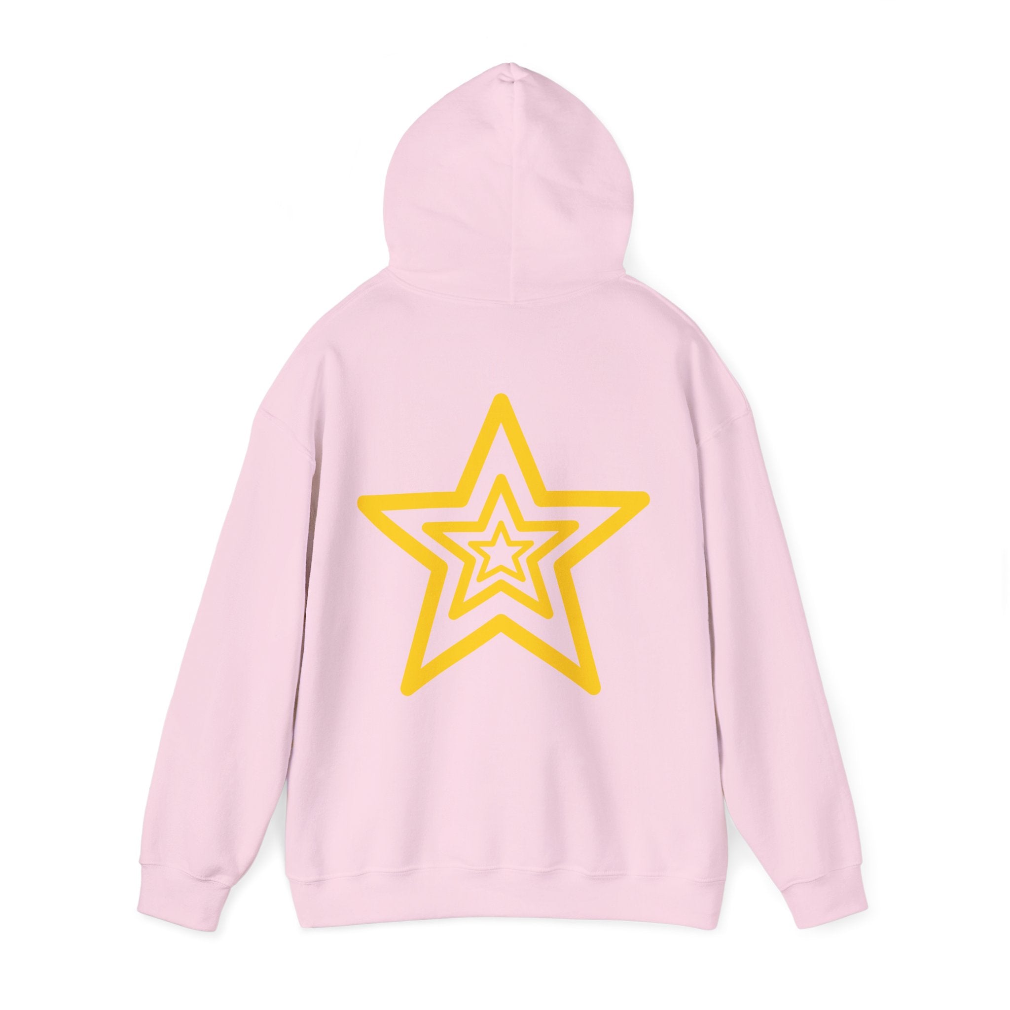 Amber Kiss Star Hoodie — White Script Front & Yellow Star Back Hooded Sweatshirt