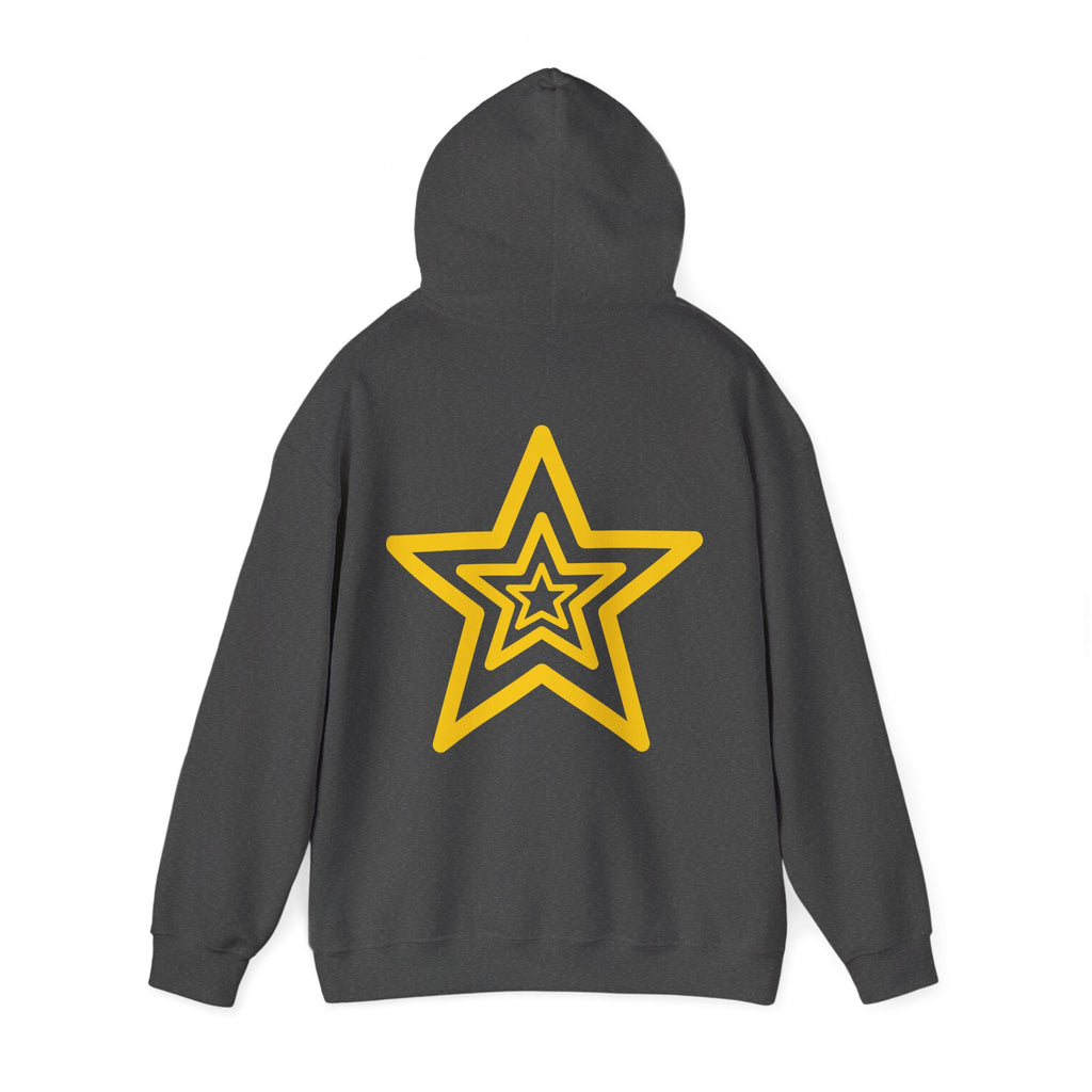 Amber Kiss Star Hoodie — White Script Front & Yellow Star Back Hooded Sweatshirt