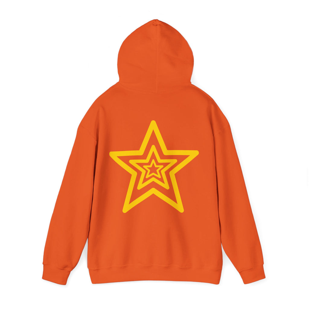 Amber Kiss Star Hoodie — White Script Front & Yellow Star Back Hooded Sweatshirt