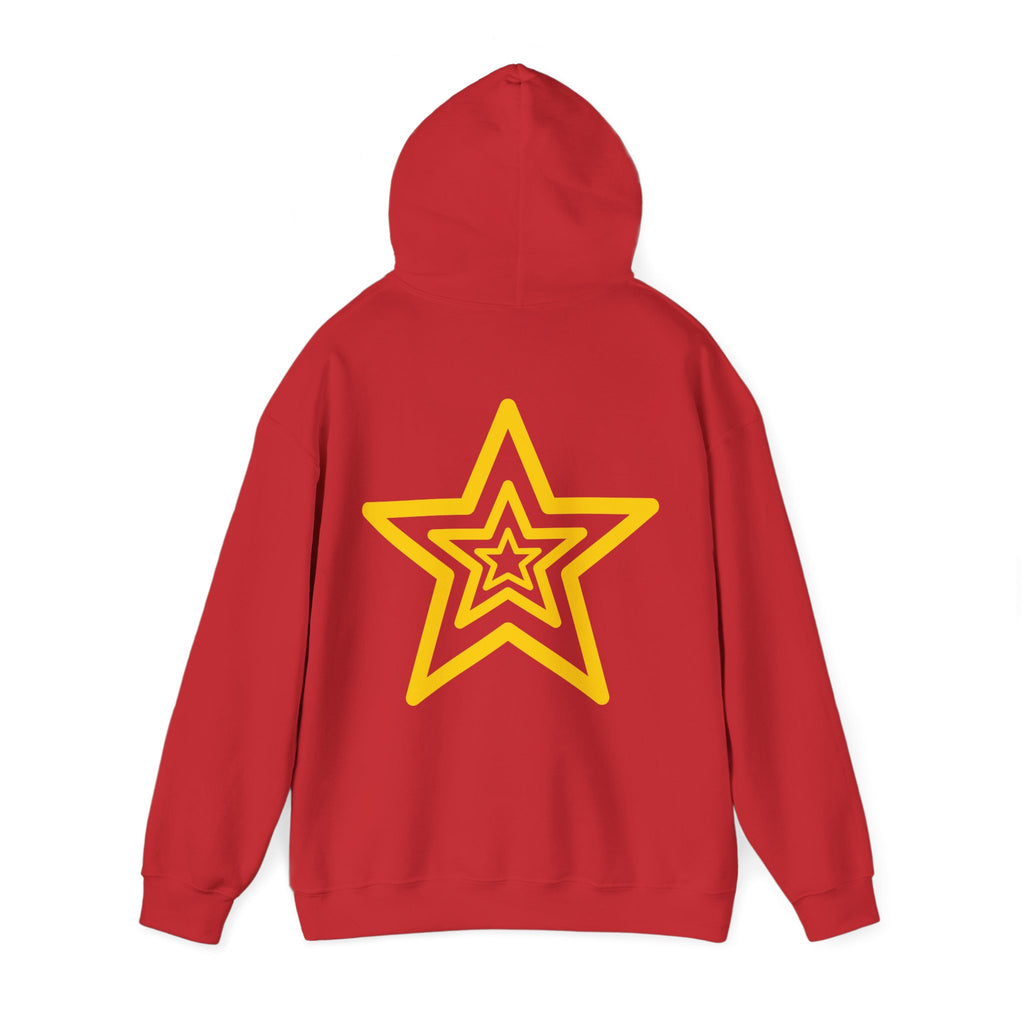 Amber Kiss Star Hoodie — White Script Front & Yellow Star Back Hooded Sweatshirt