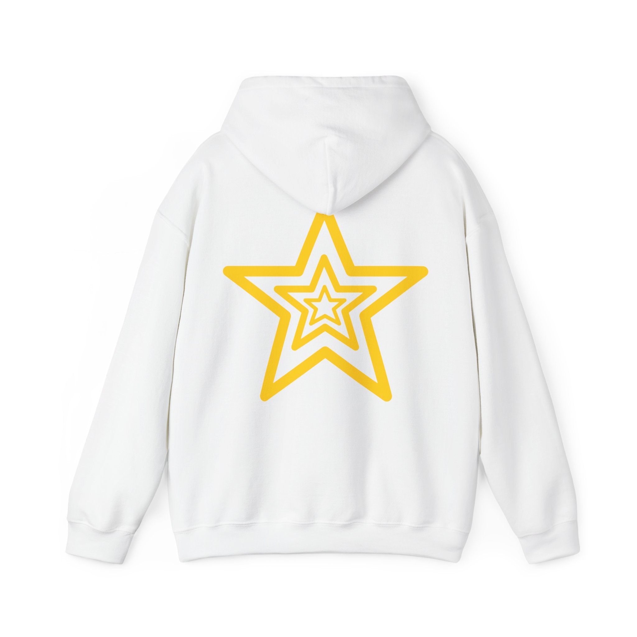 Amber Kiss Star Hoodie — White Script Front & Yellow Star Back Hooded Sweatshirt