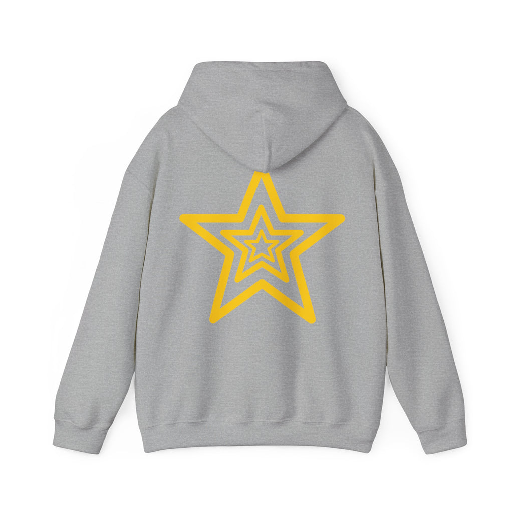 Amber Kiss Star Hoodie — White Script Front & Yellow Star Back Hooded Sweatshirt