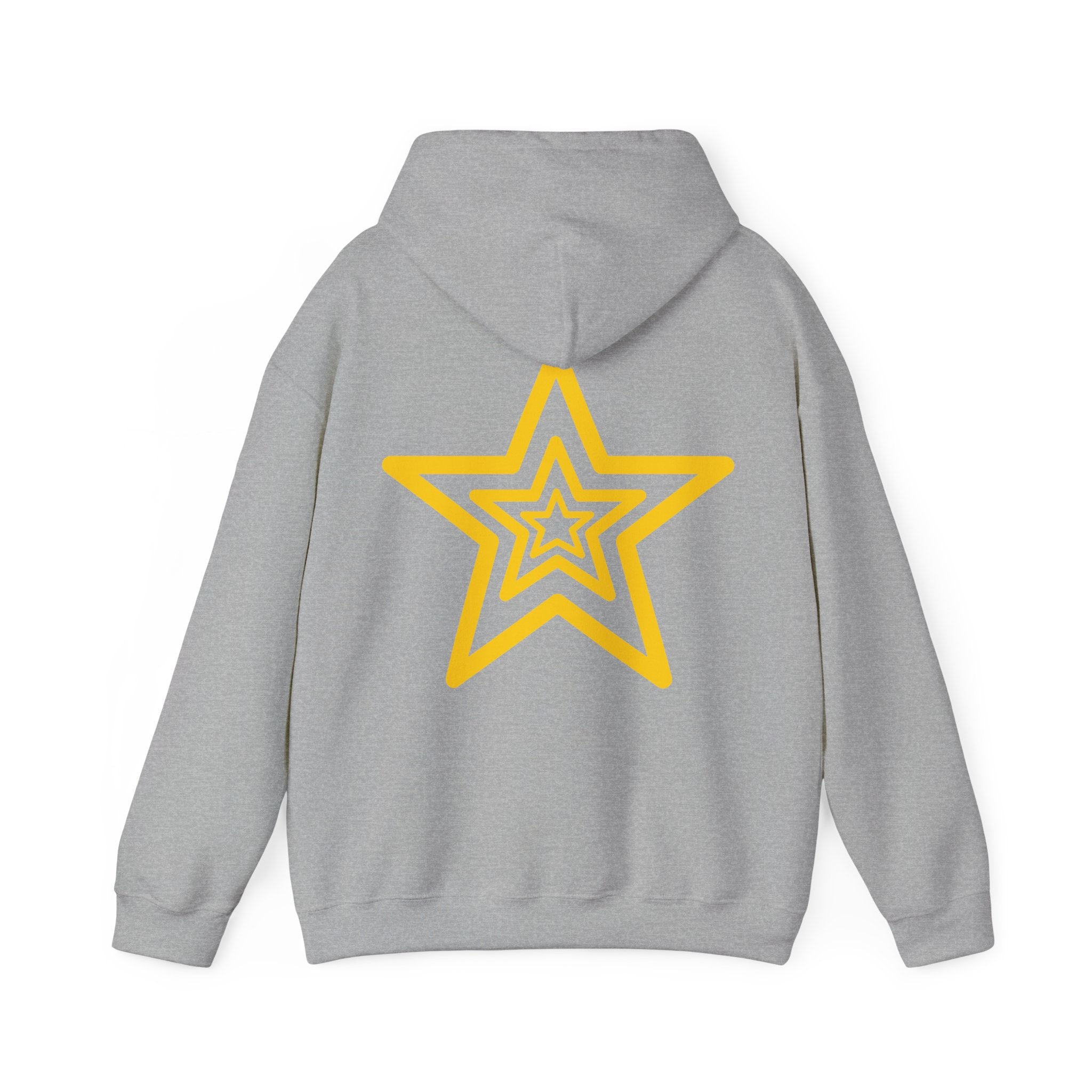 Amber Kiss Star Hoodie — White Script Front & Yellow Star Back Hooded Sweatshirt