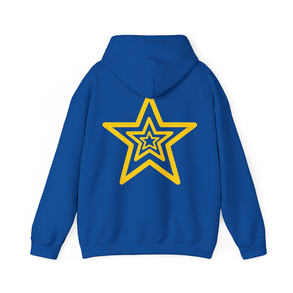 Amber Kiss Star Hoodie — White Script Front & Yellow Star Back Hooded Sweatshirt