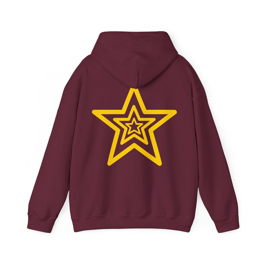 Amber Kiss Star Hoodie — White Script Front & Yellow Star Back Hooded Sweatshirt