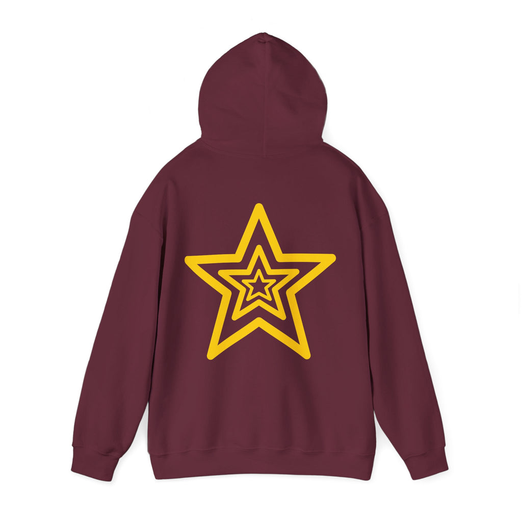 Amber Kiss Star Hoodie — White Script Front & Yellow Star Back Hooded Sweatshirt