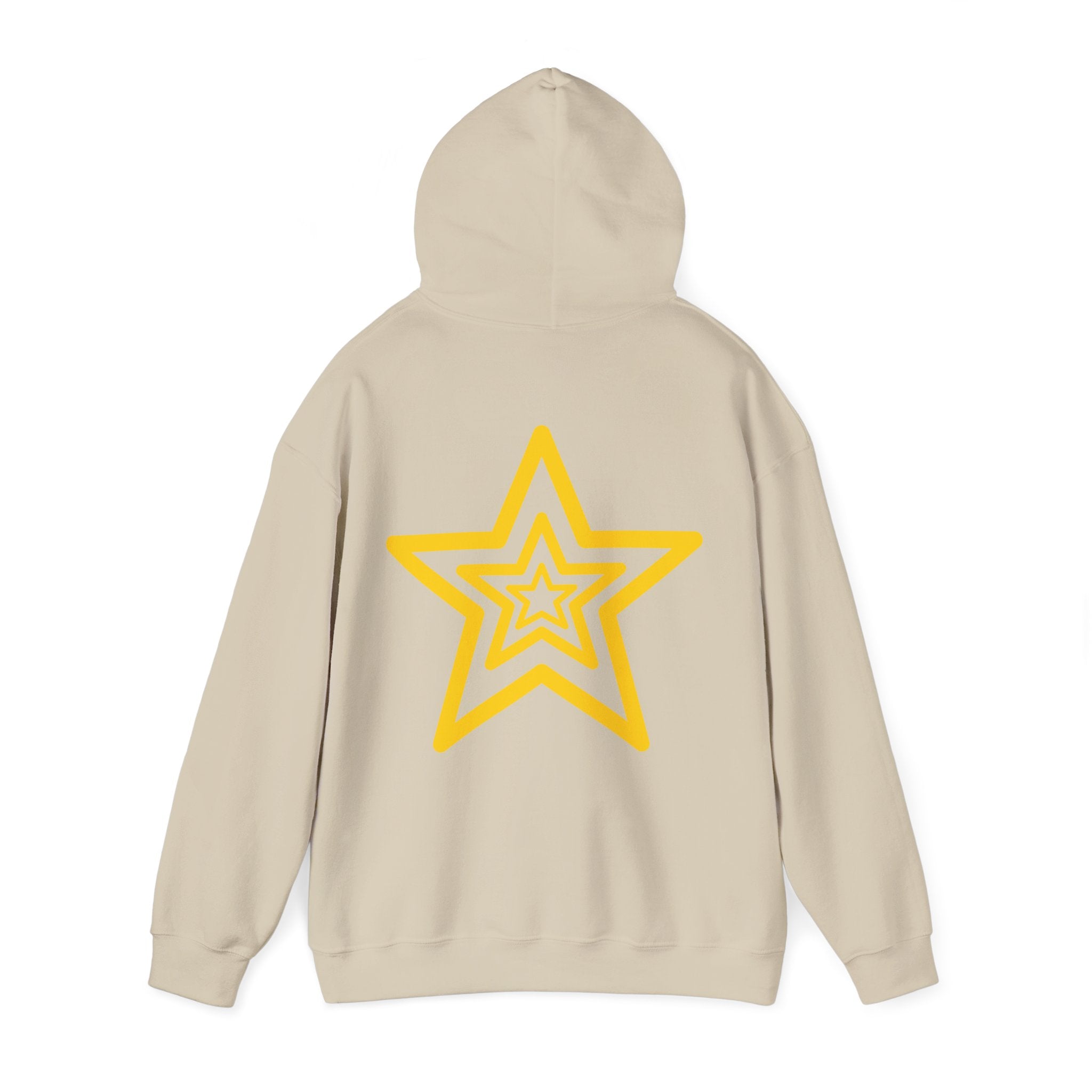 Amber Kiss Star Hoodie — White Script Front & Yellow Star Back Hooded Sweatshirt