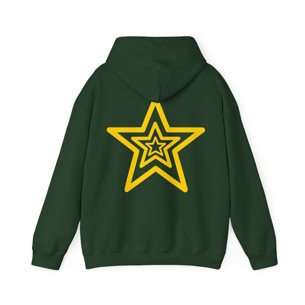 Amber Kiss Star Hoodie — White Script Front & Yellow Star Back Hooded Sweatshirt
