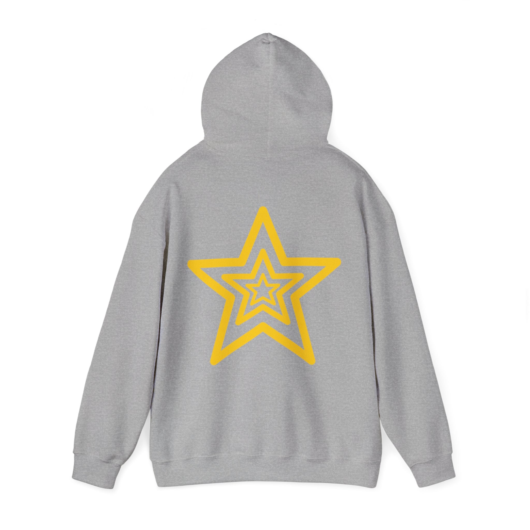 Amber Kiss Star Hoodie — White Script Front & Yellow Star Back Hooded Sweatshirt