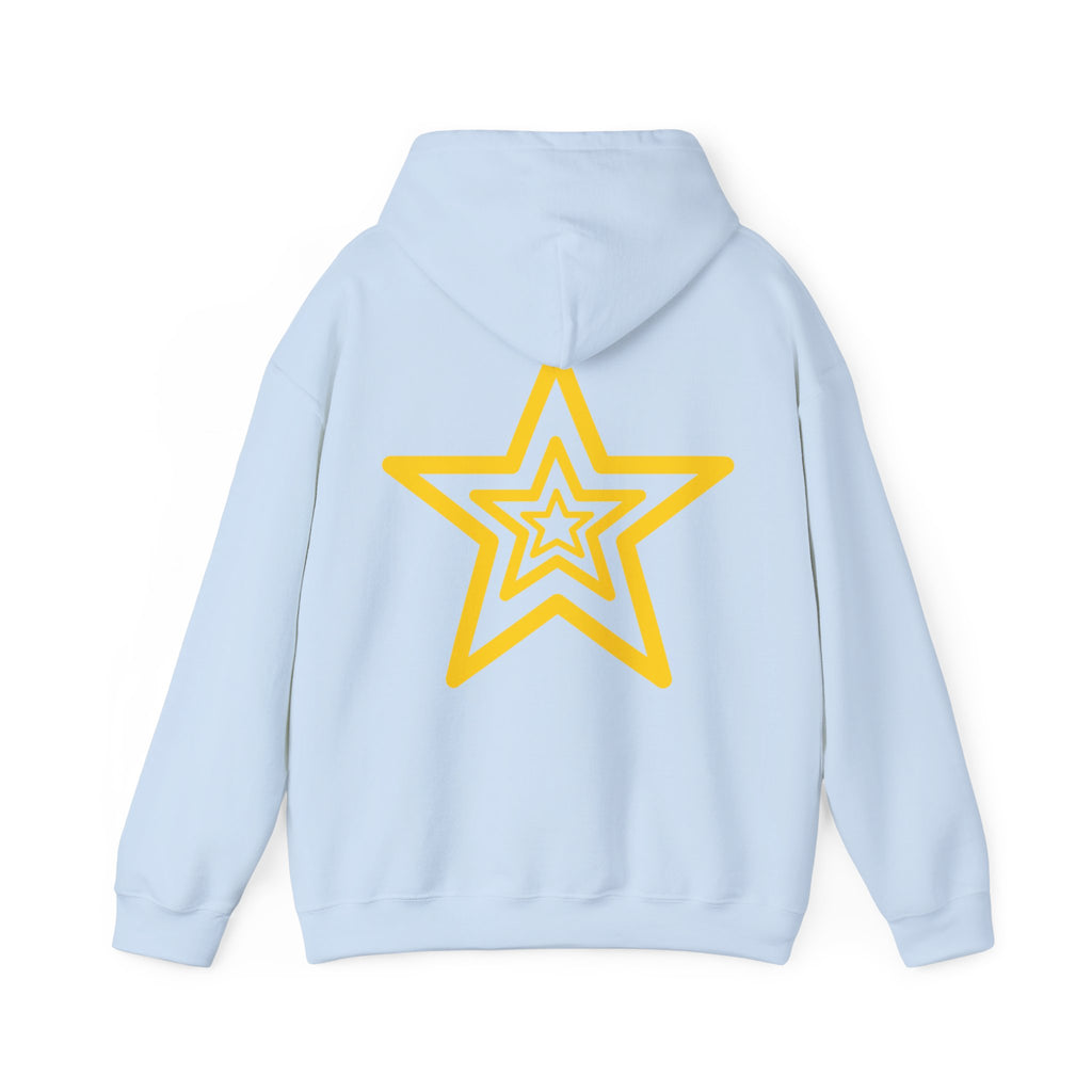 Amber Kiss Star Hoodie — White Script Front & Yellow Star Back Hooded Sweatshirt