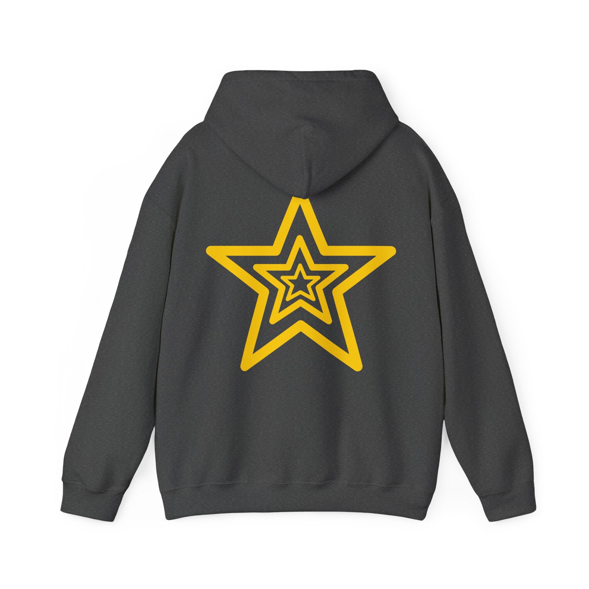Amber Kiss Star Hoodie — White Script Front & Yellow Star Back Hooded Sweatshirt
