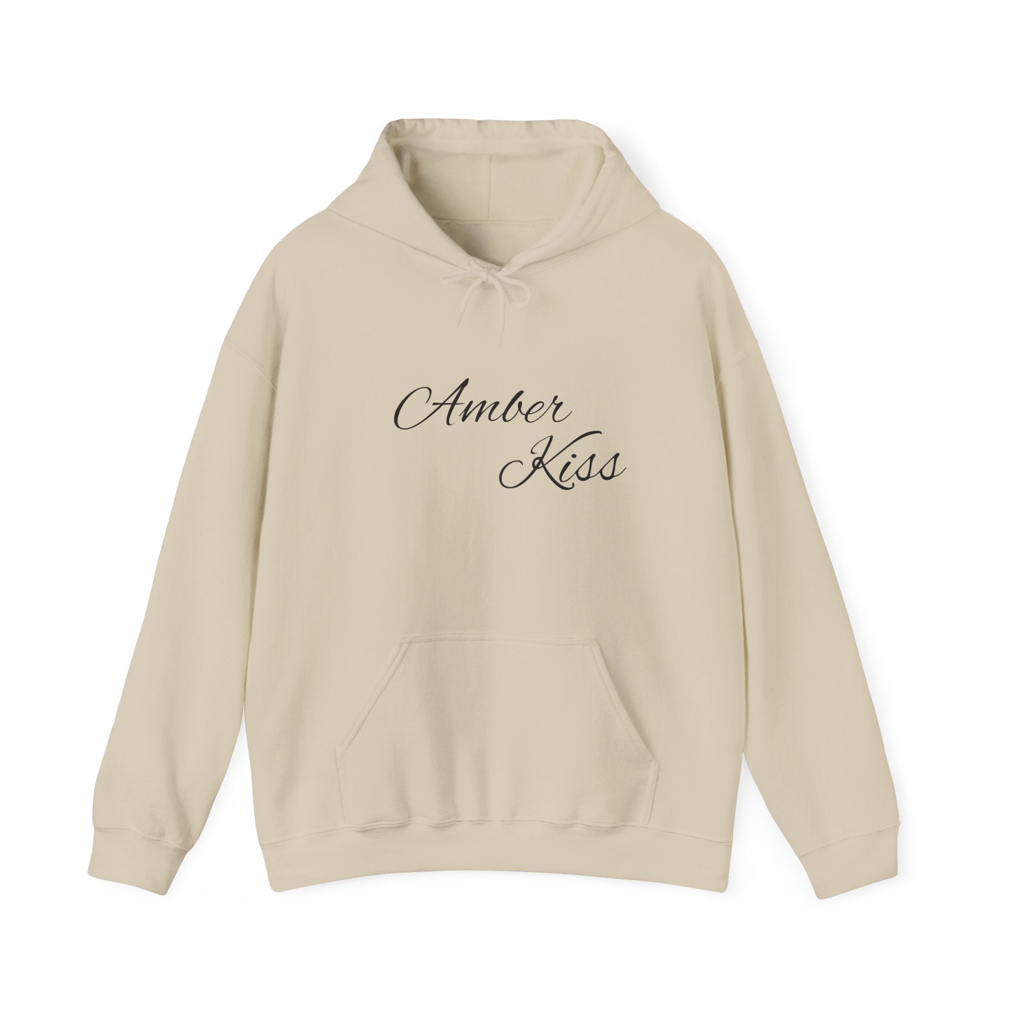 Amber Kiss Star Hoodie — White Script Front & Yellow Star Back Hooded Sweatshirt