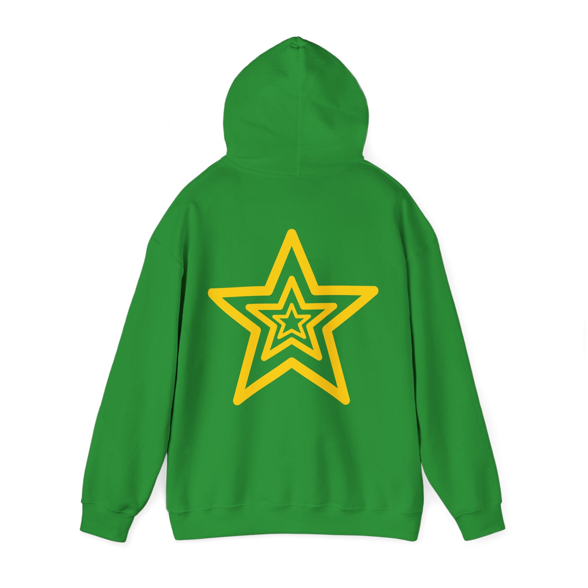 Amber Kiss Star Hoodie — White Script Front & Yellow Star Back Hooded Sweatshirt