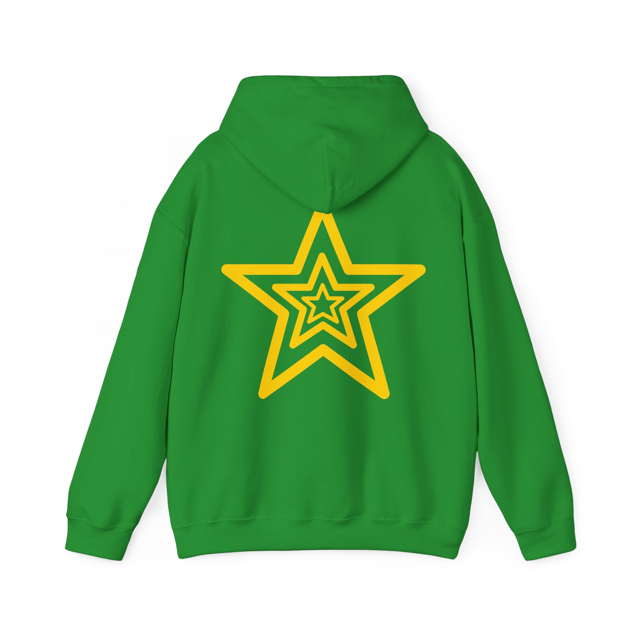 Amber Kiss Star Hoodie — White Script Front & Yellow Star Back Hooded Sweatshirt