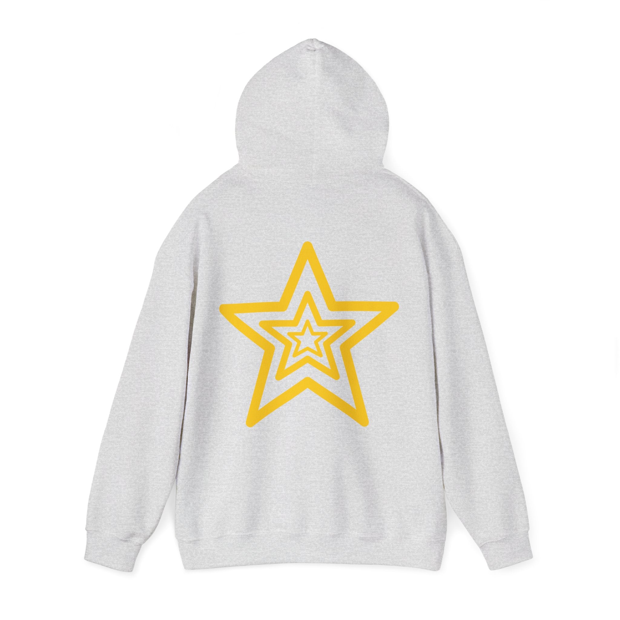 Amber Kiss Star Hoodie — White Script Front & Yellow Star Back Hooded Sweatshirt