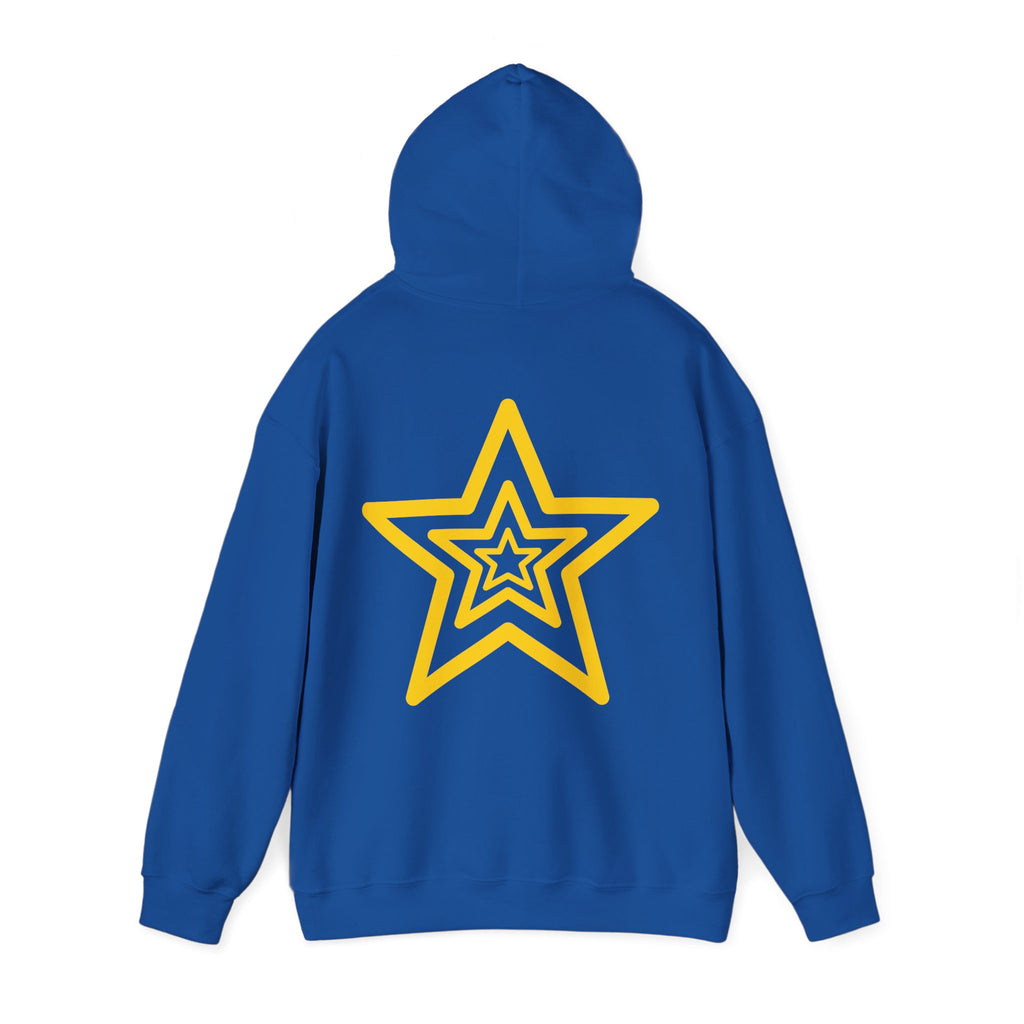 Amber Kiss Star Hoodie — White Script Front & Yellow Star Back Hooded Sweatshirt