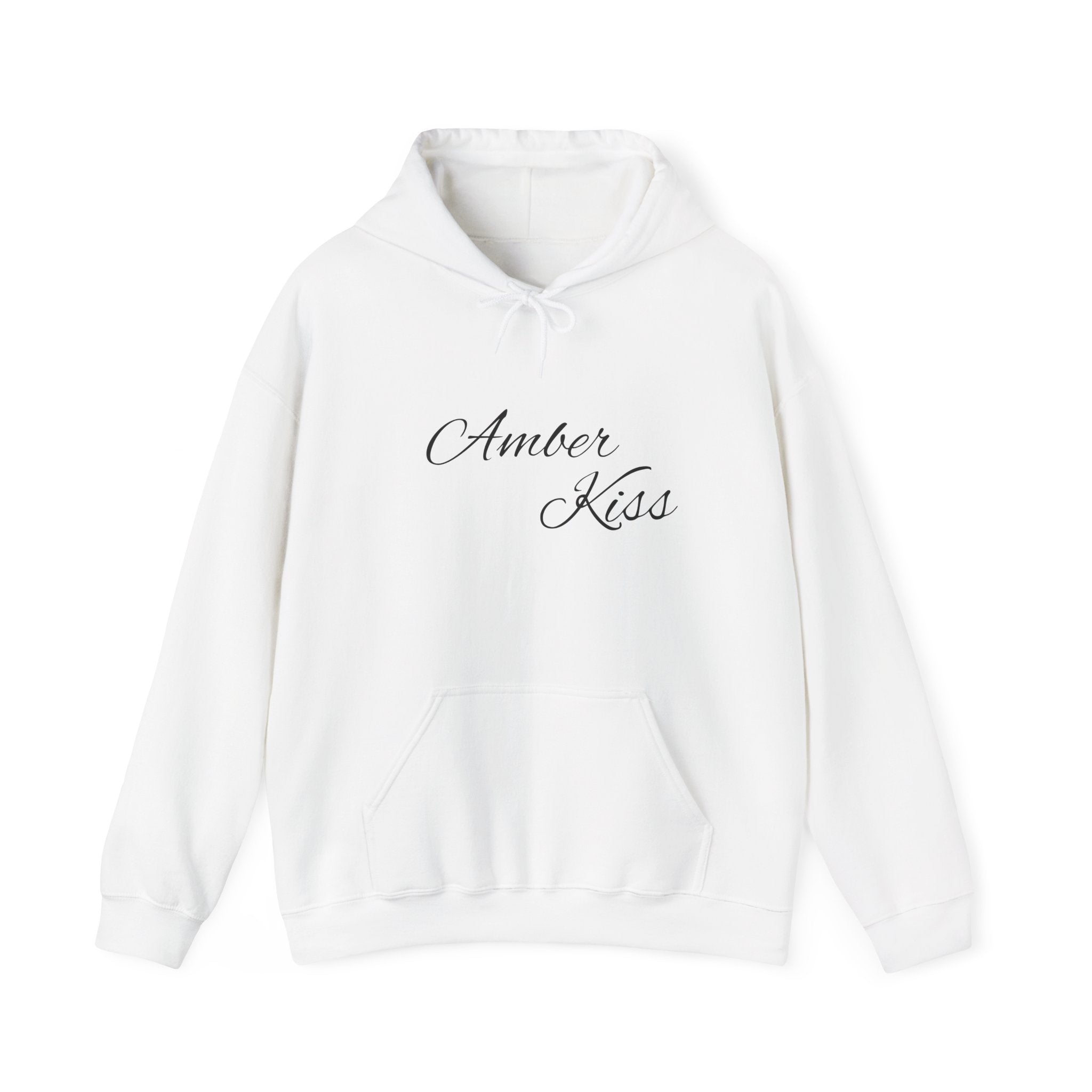 Amber Kiss Star Hoodie — White Script Front & Yellow Star Back Hooded Sweatshirt