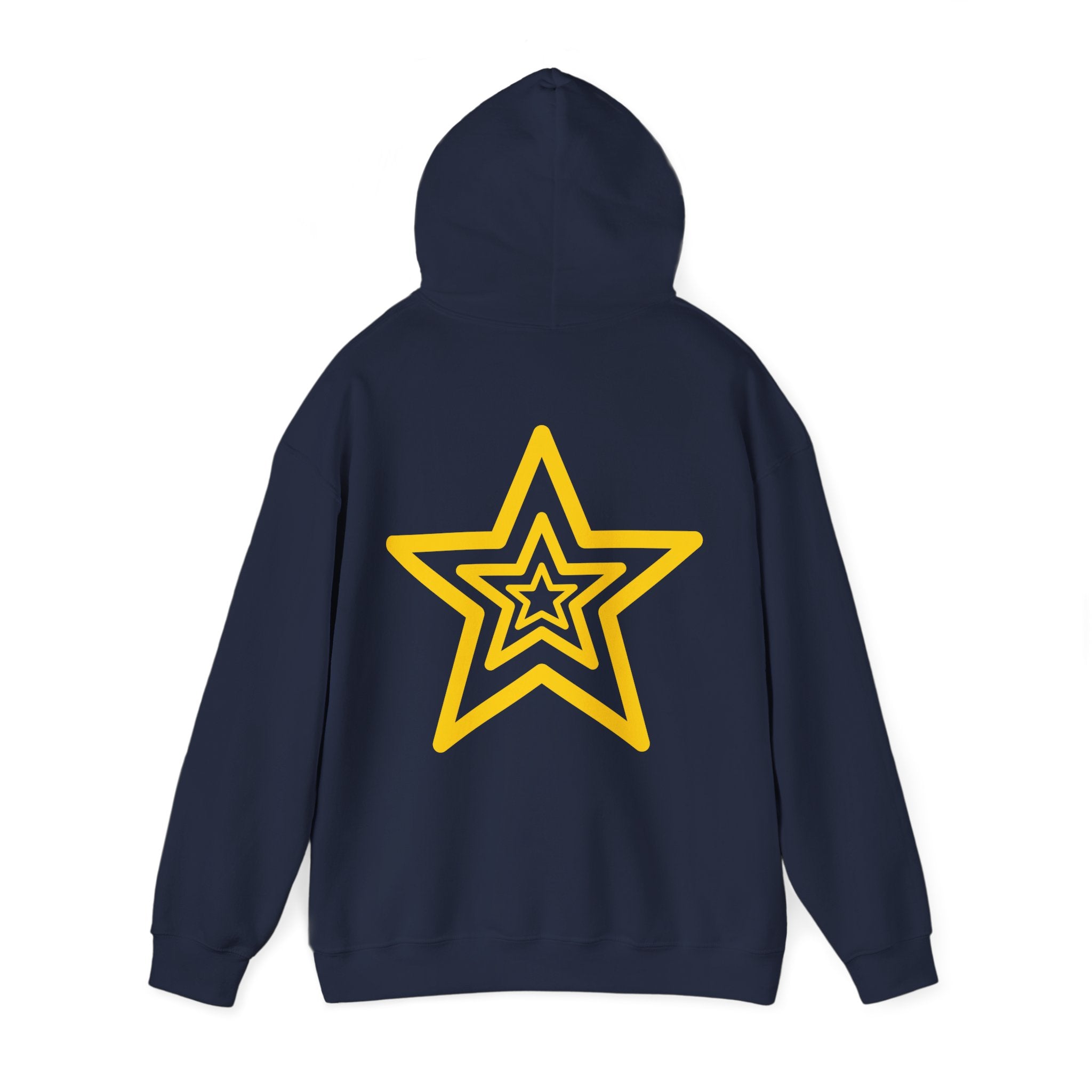 Amber Kiss Star Hoodie — White Script Front & Yellow Star Back Hooded Sweatshirt